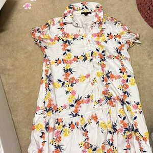 Maggy London White Floral Midi Dress with Yellow, Pink & Navy Accents